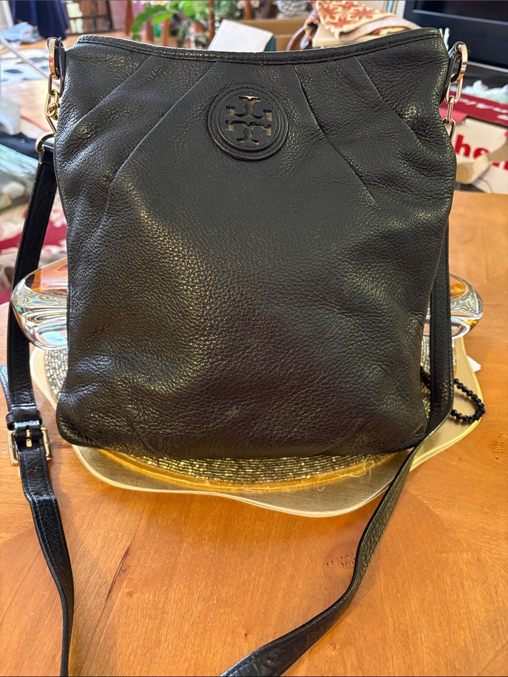 Tory Burch Black Pebbled Leather Crossbody with Logo Medallion